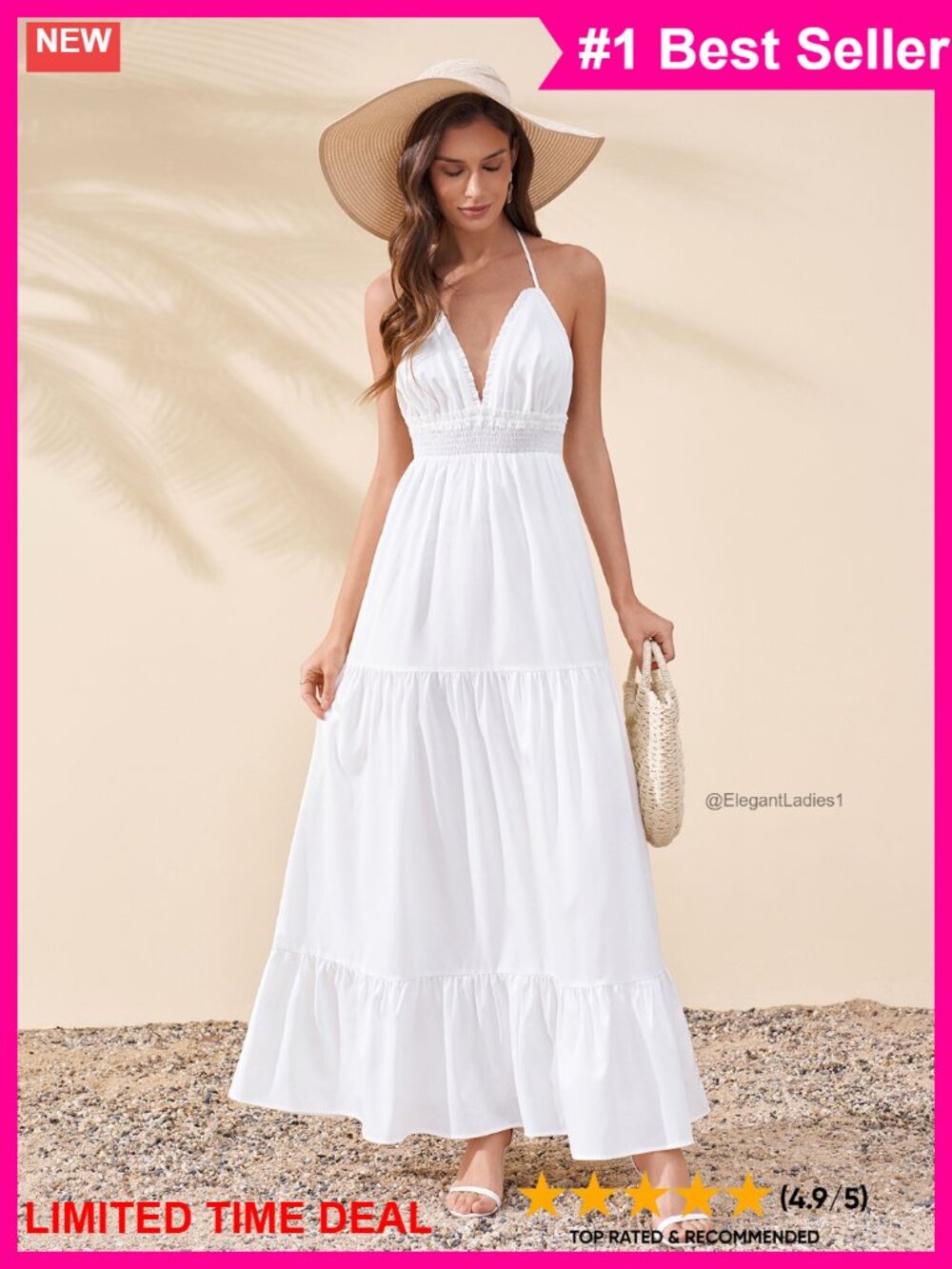 Floral Halter V Neck Ruffle Smocked Flowy Maxi Dress Boho Beach Sundress - Picture 5 of 5